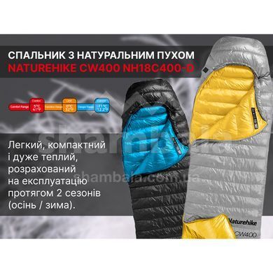 Спальний мішок з натуральним пухом Naturehike CW400 NH18C400-D, (5/0&deg;С), p L, Grey/Yellow (6976507666848)